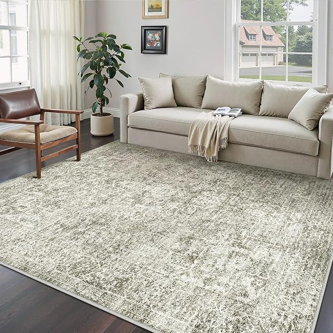 5x7 Area Rug Washable Vintage Neutral Living Room Carpet Large Indoor Non Slip Taupe Bedroom Distressed Low Pile Retro Accent Throw Rug for Dining Room