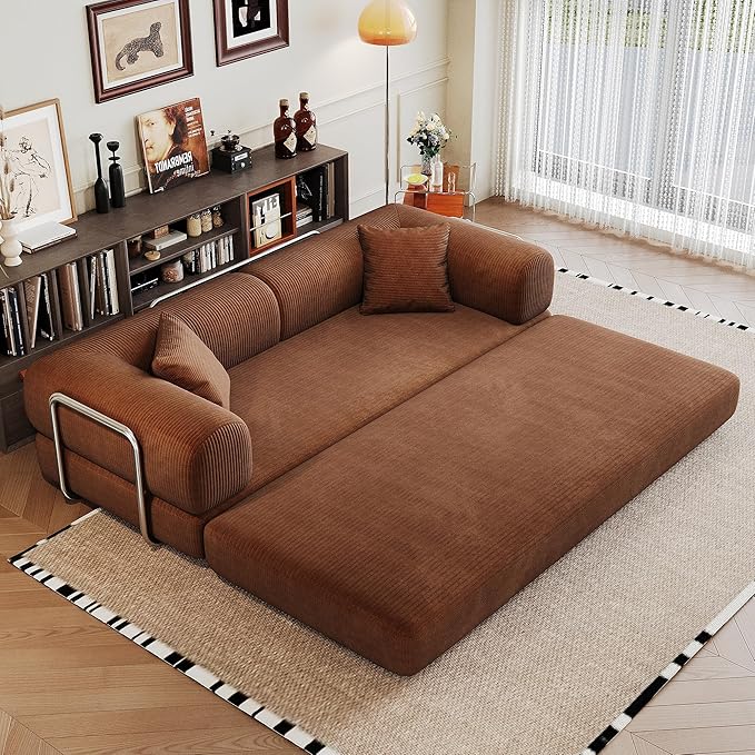 79" Convertible Sofa Bed with Fixed-Shape Frame, Corduroy Folding Pull Out Couch, No Assembly Modern Boneless Couch Compression Sofa in Box, Floor Sofa for Living Room,Brown