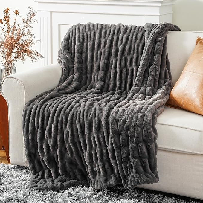 BATTILO HOME Luxury Faux Fur Blanket for Couch, Double Side Ruched Rabbit Fur Blanket Supper Soft Throw Blankets for Bed, Cozy Blanket, 50“x60