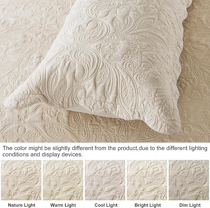 HoneiLife Quilt Set Queen Size - 3 Piece Embroidered Microfiber Bedspread Reversible Coverlet Lightweight Bedcover Paisley Pattern Bedding Set All Season Quilts-Khaki