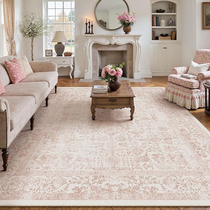 Pink Area Rug 6x9 Machine Washable Vintage Living Room Distressed Non Slip Carpet Traditional Indoor Bedroom Retro Floral Accent Throw Large Rug for Office Kitchen Dining Room