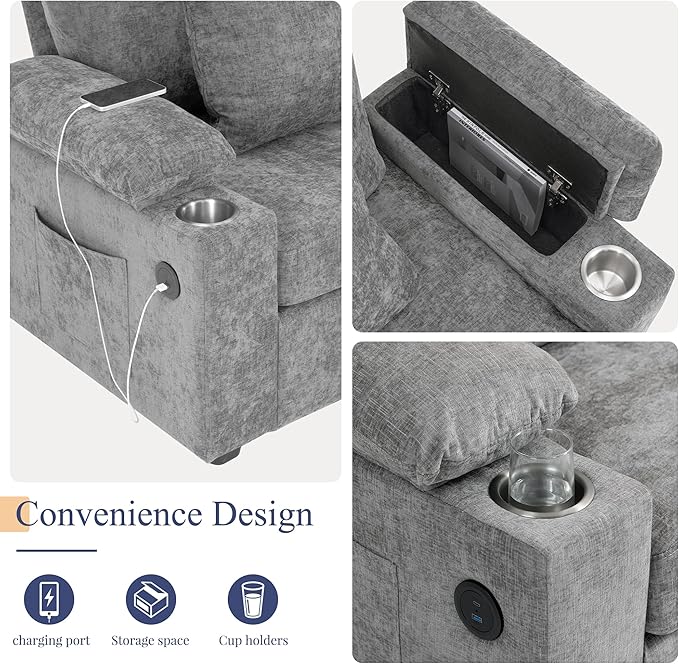 SUNWAVE 58" Chaise Lounge Chair with Ottoman, Chenille Fabric Sofa Bed, Accent Chair with Cupholders & USB Charging Ports for Living Room, Bedroom, Apartment (1 Chaise Misty Gray)