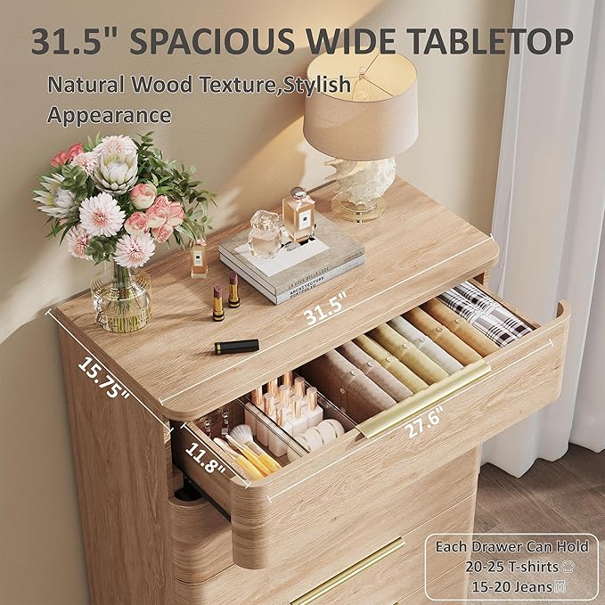 5 Drawer Dresser for Bedroom, 45" Tall Modern Chest of Drawers with Metal Handle, Curved Profile Design, Wooden Closet with Large Drawers Dressers Organizer for Entryway Hallway