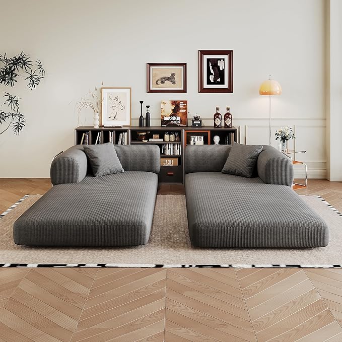 79" Convertible Sofa Bed, Corduroy Folding Pull Out Couch with Pillows, No Assembly Modern Boneless Couch Compression Sofa in Box, Floor Sofa with Support Rods for Living Room,Grey