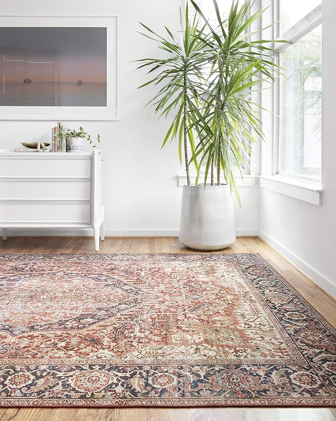 Loloi Layla Collection LAY-08 Red/Navy 2'-6" x 7'-6" .13" Thick Runner Rug, Soft, Durable, Vintage Inspired, Distressed, Low Pile, Non-Shedding, Easy Clean, Printed, Living Room Rug