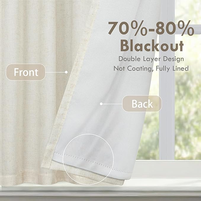 DriftAway Double Layer Linen Blackout Tie Up Curtains Thermal Insulated Fully Lined Balloon Roman Shade Bathroom Window Adjustable Rod Pocket for Small Window 39 Inch by 55 Inch Light Linen