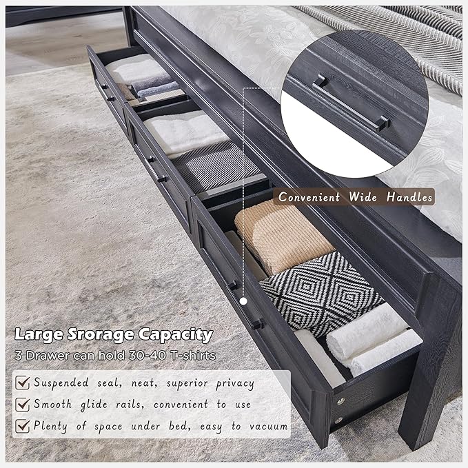 ACCOHOHO Farmhouse Queen Size Bed Frame with 52" Tall Headboard, Wood Platform Bedframe with Footboard and Storage Drawers, No Squeak, No Box Spring Needed, Black