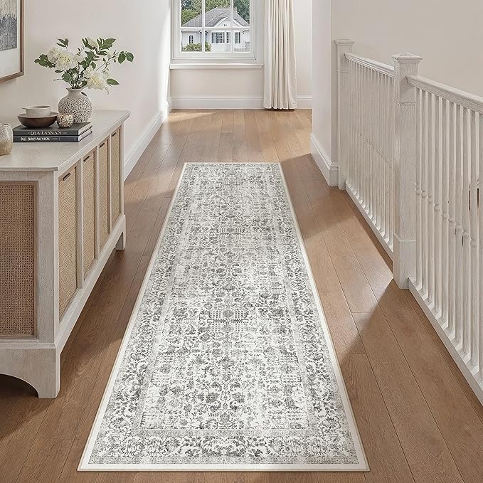 Black Runner Rug 2'6"x10' Washable Carpet for Hallway Kitchen Vintage Distressed Non Slip Indoor Retro Floral Bedroom Accent Throw Long Rug Bathroom Office Laundry Dining Living Room