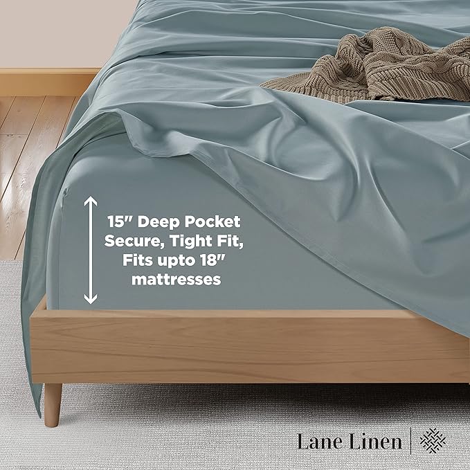 LANE LINEN 100% Cotton 600 Thread Count Twin Bed Sheets - Mercerized Cotton Fully Elasticized Sheets Twin Size, Ultra Soft & Comfy Sateen Weave Bedding Sheets & Pillowcases Sets - French Blue