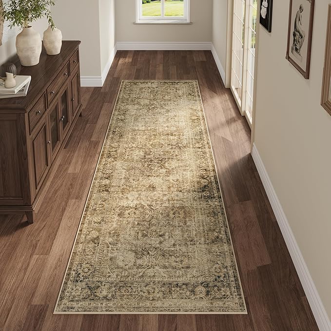 Fmfunctex 2x8 Runner Rug Brown Washable Vintage Neutral Distressed Non Slip Low Pile Indoor Carpet Soft Retro Floral Hallway Entryway Rug for Kitchen Living Room Bedroom Bathroom Laundry Entry Bedside