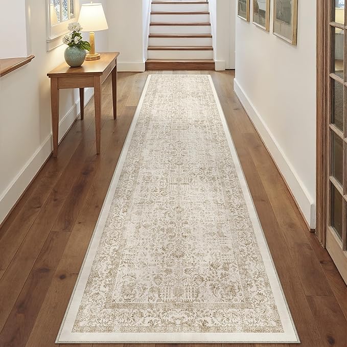 Light Brown Runner Rug 2x12 Hallway Machine Washable Kitchen Vintage Distressed Non Slip Long Carpet Indoor Retro Floral Bedroom Accent Throw Rug for Bathroom Office Laundry Dining Room