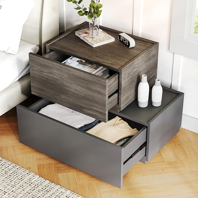 Stackable Storage Drawers, Wooden Drawer Storage Organizer, Modern Nightstands with Wooden Drawers, Small Storage Cabinet, Modular Design, Available in 2 Sizes for Versatile Use Grey and Walnut