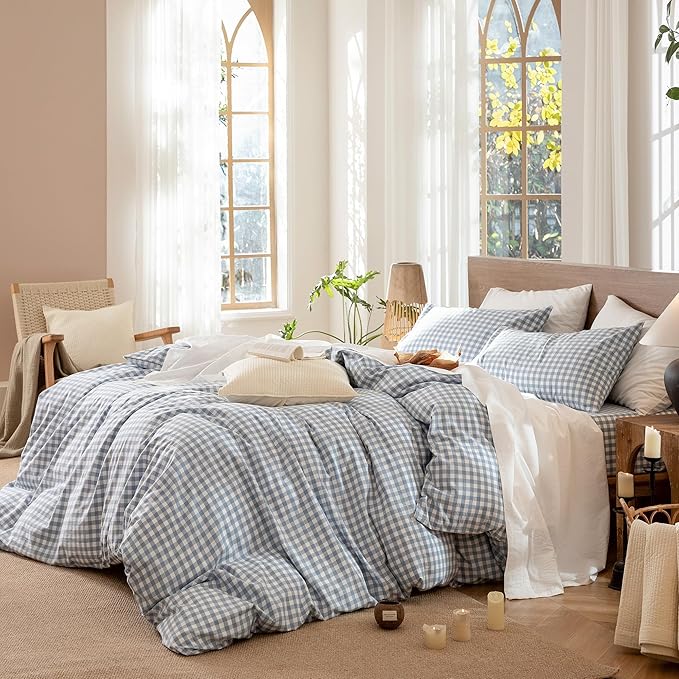 MooMee Gingham Duvet Cover Set 100% Washed Cotton Linen Like Textured Breathable Durable Soft Comfy Modern Checkered Design (Classic Gingham Cornflower Blue, Full 80"x90")