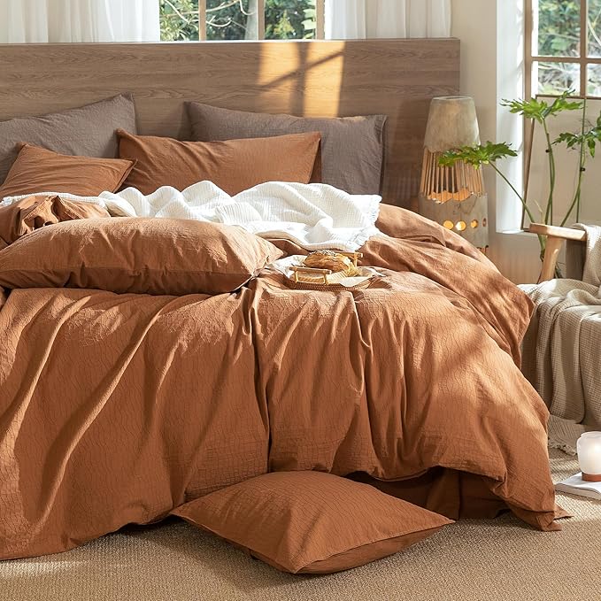 MooMee Wavy Striped Duvet Cover Set 100% Washed Cotton Linen Like Textured Breathable Durable Soft Comfy (Dark Orange, Super Queen 90"x98")