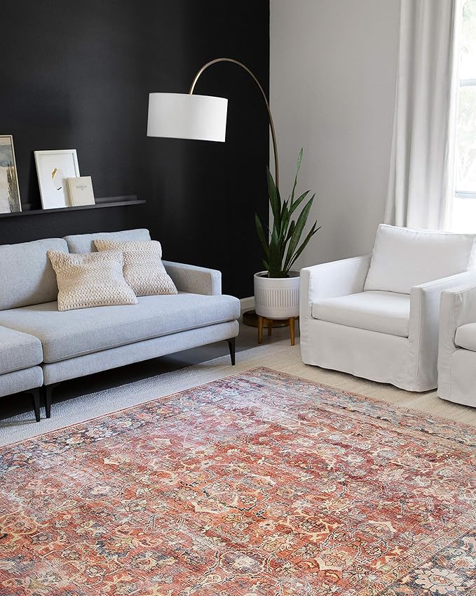 Loloi Layla Collection LAY-02 Spice/Marine 2'-0" x 5'-0" .13" Thick Accent Rug, Soft, Durable, Vintage Inspired, Distressed, Low Pile, Non-Shedding, Easy Clean, Printed, Living Room Rug