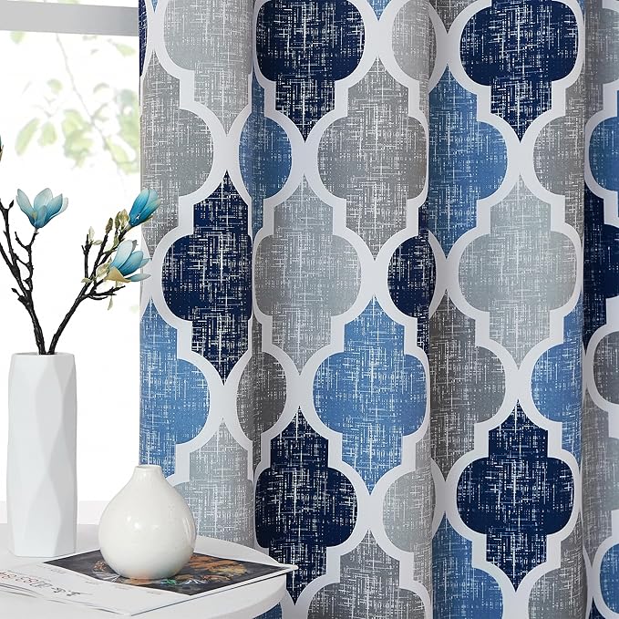 Beauoop 100% Blackout Curtains 84 Inches Long for Patio Sliding Door Blue Grey Extra Wide Moroccan Geo Room Darkening Thermal Soundproof Room Divider Grommet Window Treatment Drapes,100x84 Set of 1