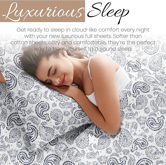 Linen Market Double-Brushed Patterned Microfiber Full Sheet Set 4 Piece – Oeko-TEX Certified Ultra Soft & Wrinkle-Free - 16" Deep Pocket Sheets - Easy Care Full Size - Coarse Paisley Navy