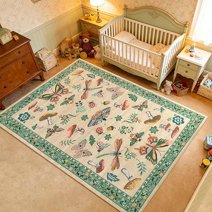 Mushroom 3x5 Area Rug Washable Non-Slip Small Indoor Rugs for Entryway with Rubber Back Soft Low-Pile Carpet for Kitchen Bedroom Living Room Mat Khaki Green