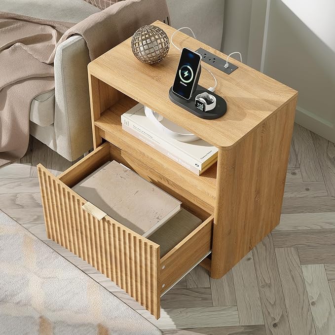 Night Stand with Charging Station, Modern Bedside Table with Drawer & Open Shelf Storage, Small Space Sidetable for Bedroom, Natural Oak