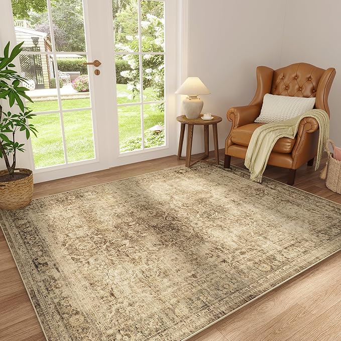 FMFUNCTEX 5x7 Washable Area Rug Neutral Vintage Brown Non Slip Low Pile Traditional Indoor Carpet for Living Room Bedroom Soft Retro Floral Mat Throw Rug for Dining Office Kitchen Dorm Entryway