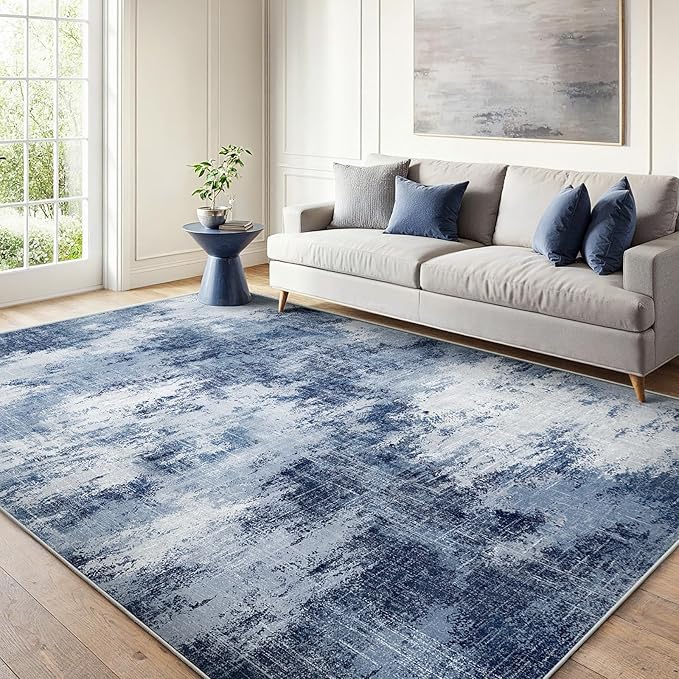 AMADA HOMEFURNISHING 5x7 Area Rugs for Living Room, Modern Abstract Washable Rug Neutral Soft with Non-Slip Backing & Low Pile Kids Rug for Resistant, Bedroom, Nursery Home Office, Dark Blue