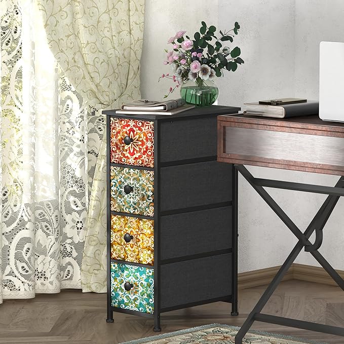 GiftGo Skinny Slim Dresser with Fabric Drawers Thin Boho Mandala Flower Chest of Drawers Narrow Storage Tower for Small Spaces Gaps Bedroom Beautiful Nightstand Living Room Table