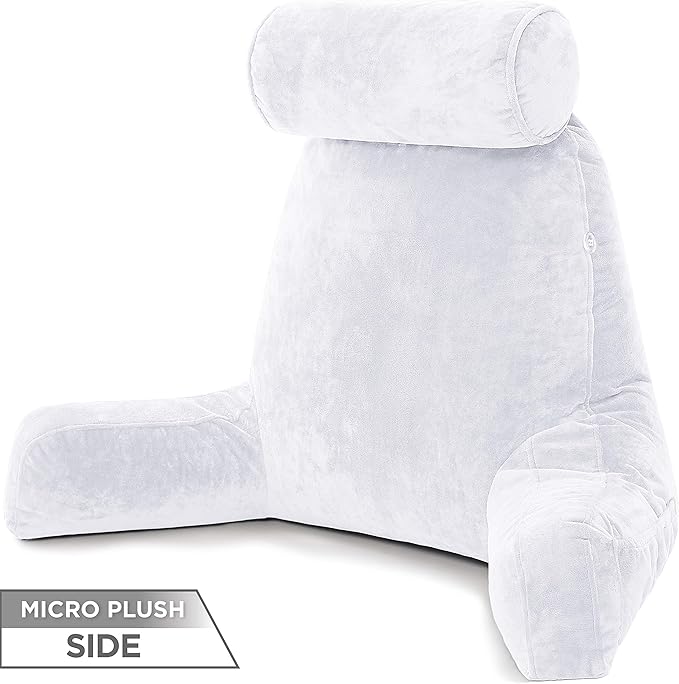 Husband Pillow XXL Aspen Edition - Adult Reading Bed Rest Pillow with Arms & Detach Neck Roll on Bungee Cord - Premium Memory Foam, Reversible 2 Sided Covers Micro Suede or Plush, White Dandelion