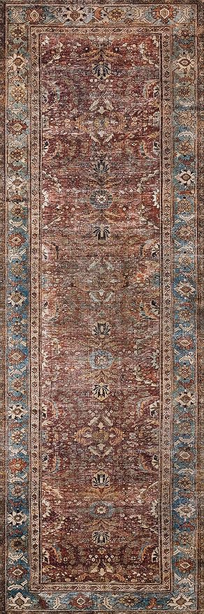Loloi Layla Collection LAY-01 Brick/Blue 2'-6" x 12'-0" .13" Thick Runner Rug, Soft, Durable, Vintage Inspired, Distressed, Low Pile, Non-Shedding, Easy Clean, Printed, Living Room Rug