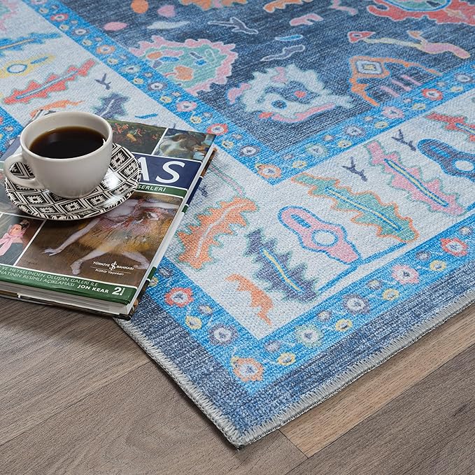 Fame Rugs Blue Modern Oushak Rug 9x12, Vintage Turkish Colorful Oriental Washable Antique Inspired Oversize Area Rugs, Luxury Living Room Bedroom (386PBL, 9' x 12) (387BNB, 9' x 12)