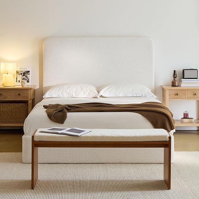 Queen Size Upholstered Bed Frame, 52" High Headboard Wingback Bedframes, Canter Tall Headboard Floor Platform Beds, No Box Spring Needed No Noise/Easy Assembly/Minimalist, Pearl White Chenille