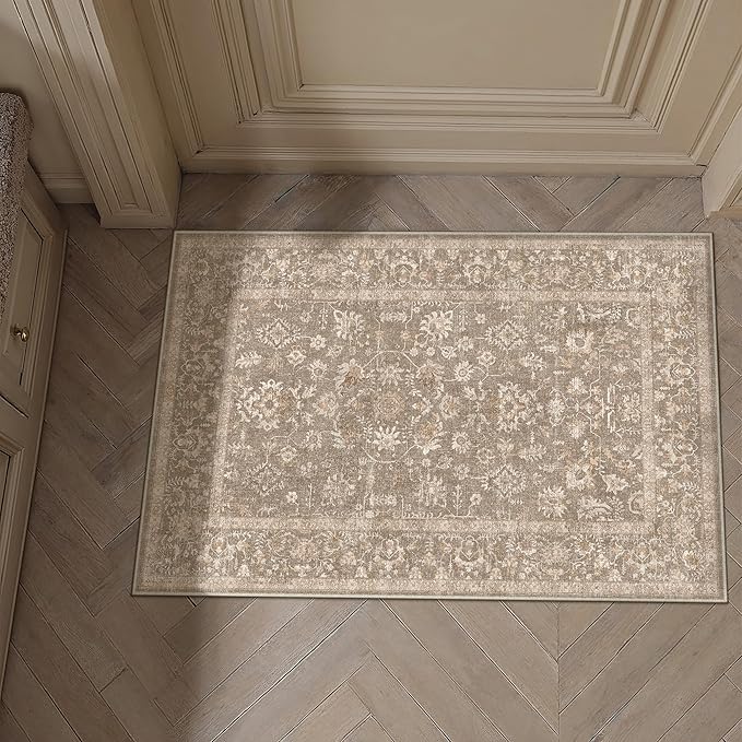 2x3 Deep Brown Entryway Area Rug Machine Washable Door Mat Kitchen Vintage Distressed Non Slip Carpet Indoor Retro Floral Accent Throw Small Rug for Bathroom Office Bedroom Living Dining Room