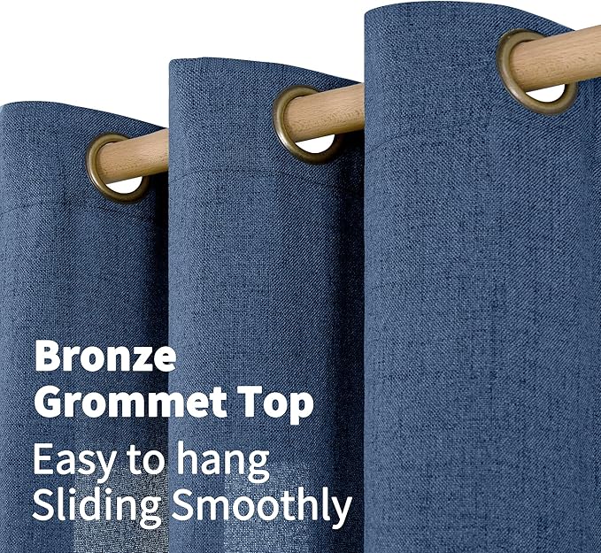 YoungsTex Navy Blue Linen Curtains 95 Inch Length for Living Room, Light Filtering Semi Sheer Drapes with Bronze Grommet Privacy for Bedroom Decorative, 52 x 95 Inch, 2 Panels