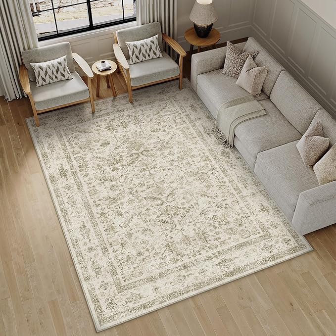 Taupe 5x7 Area Rug Vintage Washable Living Room Carpet Non Slip Bedroom Indoor Office Low Pile Traditional Distressed Retro Accent Rug for Dining Room Bathroom Kitchen