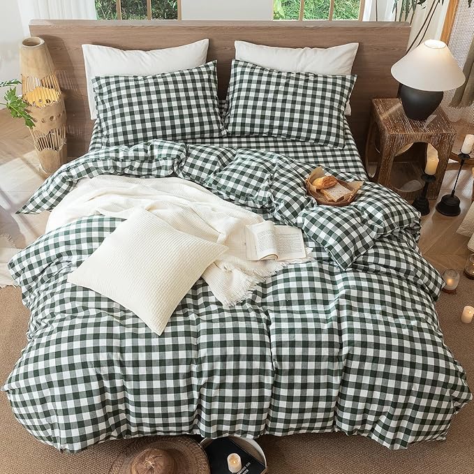 MooMee Gingham Duvet Cover Set 100% Washed Cotton Linen Like Textured Breathable Durable Soft Comfy Modern Checkered Design (Buffalo Plaid Forest Green, Cal King 104"x98")