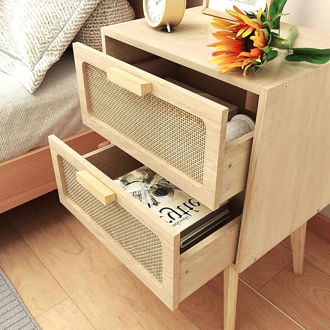 Rattan Nightstand,Boho Bedside with Storage,End Table,Side Table with 2 Hand Made Rattan Decorated Drawers for Small Space,Livingroom,Bedroom,Natural 11.8" D x 16" W x 22.4" H CTG59Y