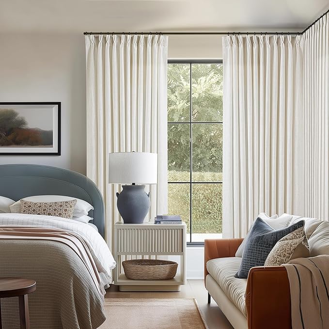 Pinch Pleated Extra Wide Curtain Panels 90 Inches Long 70 Wide Linen Curtain for Patio Sliding Glass Door Cream Hooks Rings Semi Sheer Privacy 90 Inch Length for Living Room 70x90 1 Panel