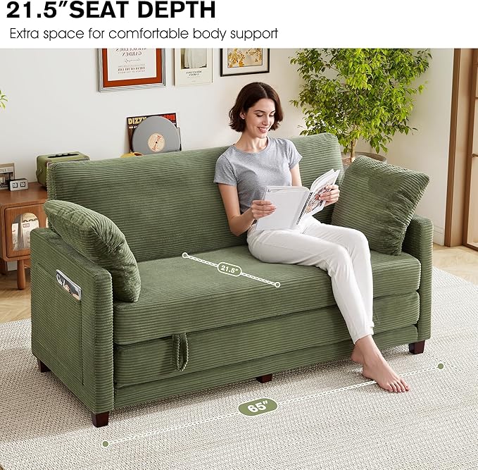 65" Loveseat Sleeper Sofa Bed, Corduroy Convertible Sofa Bed for Small Spaces, Folding Couch Bed with Deep Seat, 2 Pillows & Solid Frame, Pull Out Floor Couches for Living Room, Green