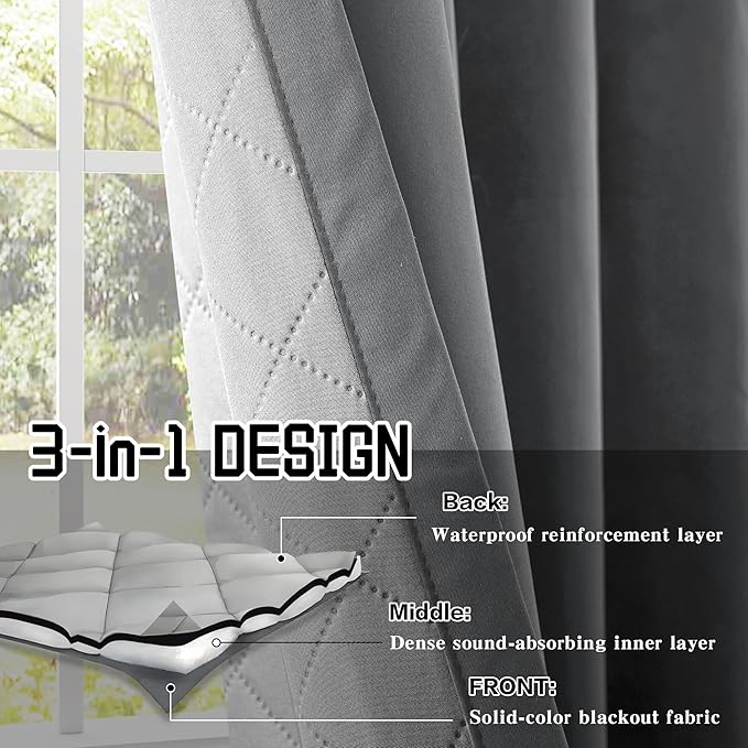Grey Soundproof Curtains 3-in-1 Blackout Curtains Energy Saving Thermal Insulation Drapes for Winter Grommet Sound Dampening Curtains for Bedroom Living Room (1 Panel, Grey, 50" x 108")