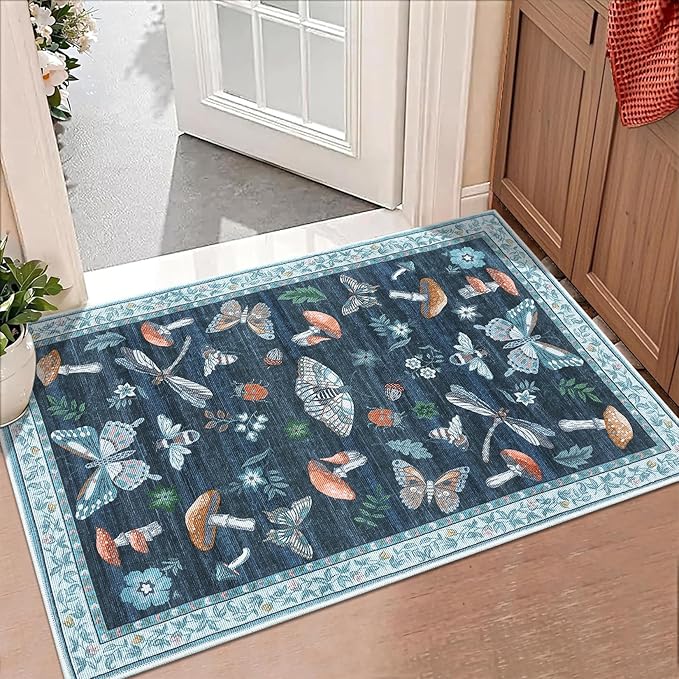 Mushroom Small Rug 2x3 Washable Door Mat Indoor Rugs for Entryway Non-Slip Soft Ultra-Thin Stain Resistant Foldable Rugs Kitchen Bedroom Living Room Blue