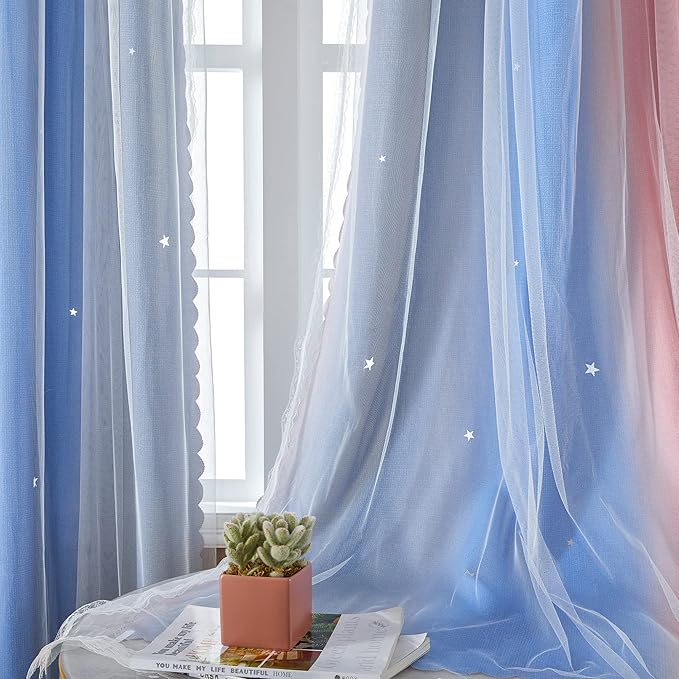 XiDi Curtains for Bedroom Decor, Rainbow PinkGreyBlue-34-90