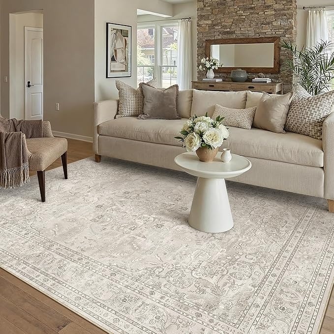 Beige 5x7 Area Rug Washable Vintage Carpet for Living Room Office Soft Retro Floral Low Pile Thin Indoor Rug Non Slip Central Medallion Floor Cover for Bedroom Dining Room
