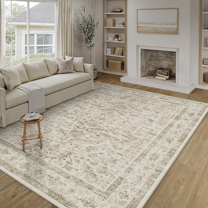 Taupe 8x10 Area Rug Vintage Washable Living Room Carpet Non Slip Bedroom Indoor Office Low Pile Large Traditional Distressed Retro Accent Rug for Dining Room Bathroom Kitchen