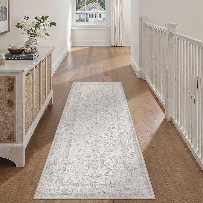 2x6 Grey Runner Rug Hallway Non Slip Kitchen Vintage Distressed Long Carpet Indoor Machine Washable Retro Floral Bedroom Accent Throw Rug for Office Laundry Bathroom Dining Living Room