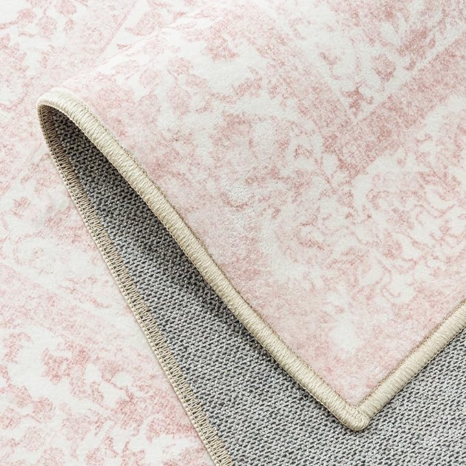 Pink Entryway Area Rug 2x3 Door Mat Machine Washable Kitchen Vintage Distressed Non Slip Carpet Indoor Retro Floral Accent Throw Small Rug for Bathroom Office Bedroom Dining Room
