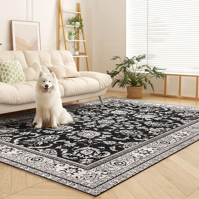 Area Rugs 8x10, Machine Washable Vintage Soft Rug for Living Room Large Rug Indoor Floor Non Slip Carpet for Bedroom Under Dining Table Home Office | Black White