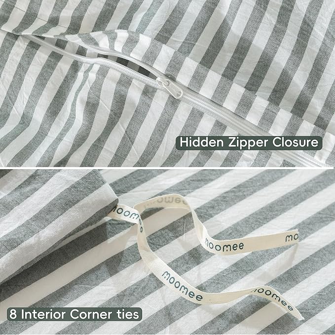 MooMee Striped Duvet Cover Set 100% Washed Cotton Linen Like Textured Breathable Durable Soft Comfy (Heathered Green Classic Stripes, Super King Plus 120"x120")