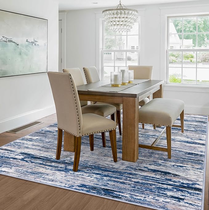 6x9 Modern Abstract Area Rug for Bedroom, Navy Blue Gray Neutral Multi Large Super Soft Washable Rug with Non-Slip, Non-Shedding Rugs for Living Room, Indoor Door Mat for Office Home Décor