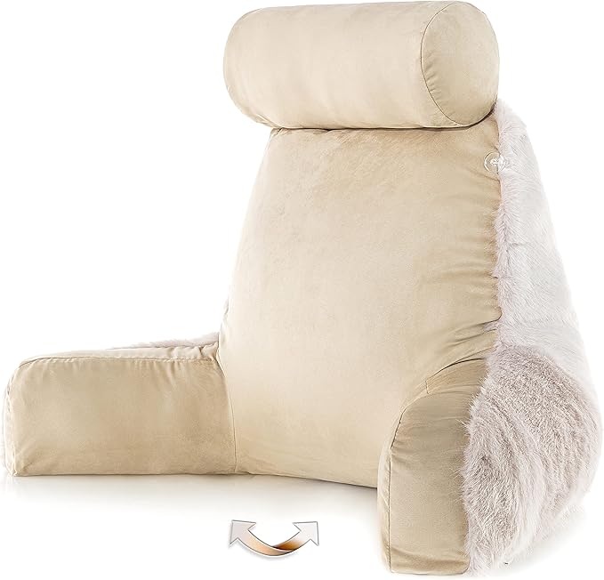 Husband Pillow Medium Baby Golden Wolf Fabulous Faux Fur Backrest, Two-Tone Reversible Double Sided Reading & Bed Rest Pillow with Arms & Neck Roll, Adjustable Memory Foam - Sit Up Extremely Comfy