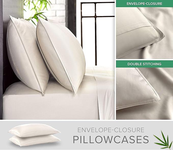 Pure Bamboo King Sheets, Genuine 100% Organic Viscose Derived from Bamboo Bed Sheet Set, Luxuriously Soft & Cooling, Double Stitching, 2 Year Quality Promise (King, Ivory)