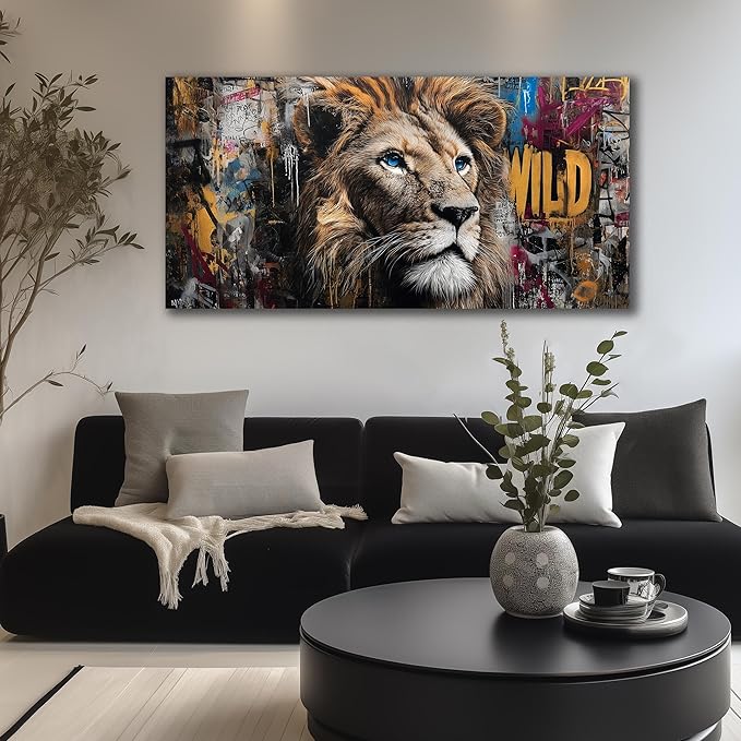 JuhaiArt Graffiti Wall Art Lion Picture Brown Wall Decor Animal Wall Art Canvas for Living Room Bedroom Home Office Prints Colorful Artwork 24" x 48"